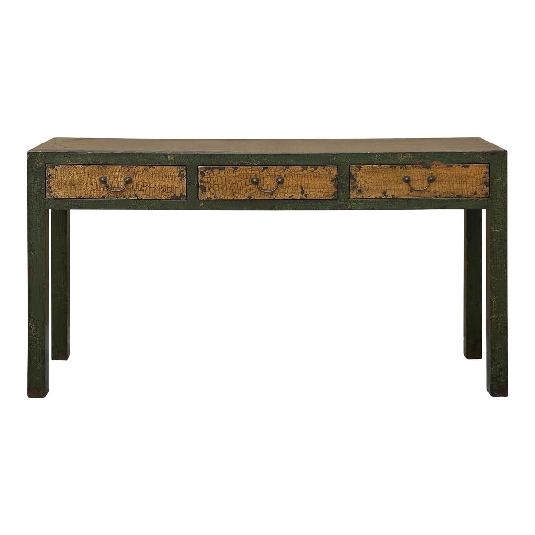 Vintage Rustic Fabric Grass Green Lacquer 3 Drawers Console Table: Elevate your home's aesthetic with this captivating and versatile distressed console table, a true statement piece that seamlessly blends vintage allure with functional design. Crafted to tell a story
