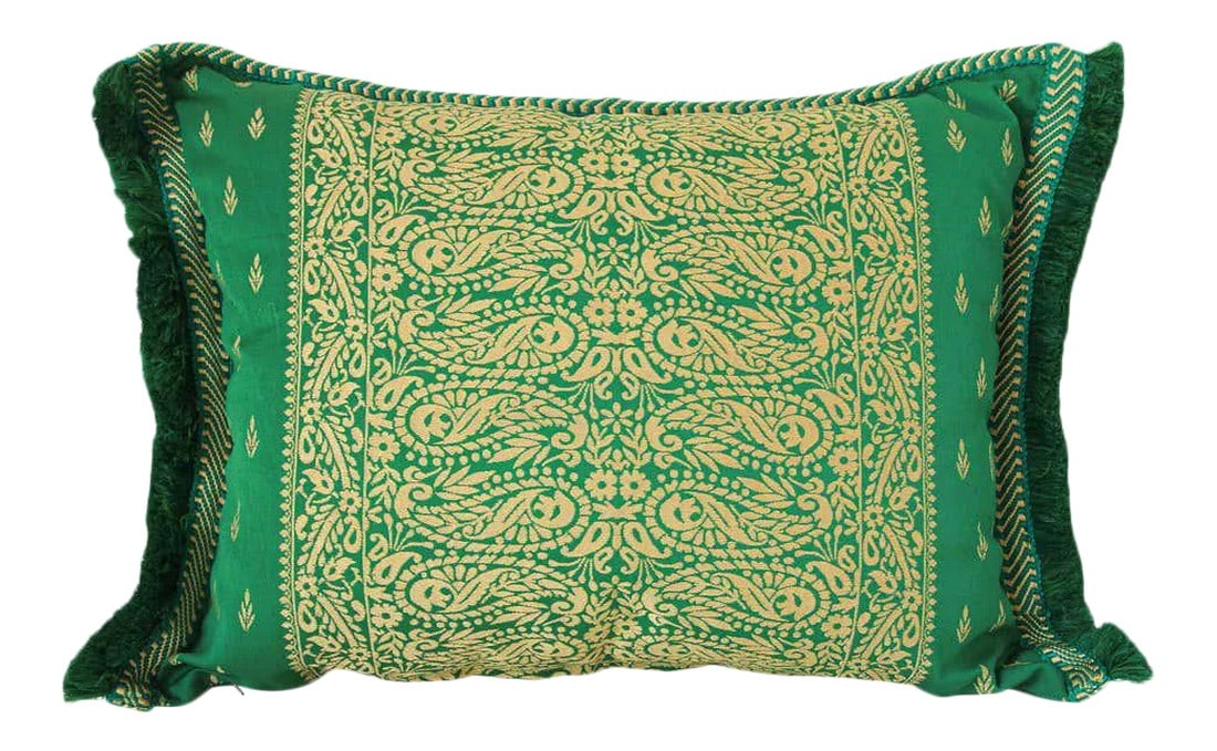 Large Moroccan Damask Green Bolster Lumbar Decorative Pillow: Large Moroccan damask green floral bolster lumbar decorative pillow. Great to use as accent pillows on a bed or sofa throw pillows. Pillow has a beautiful center medallion, detailed corners, fringe