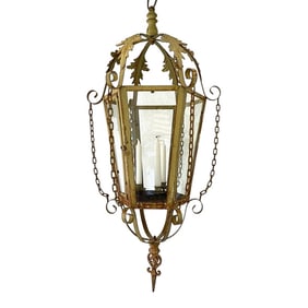 Vintage Large Metal & Glass Hanging Candle Lantern