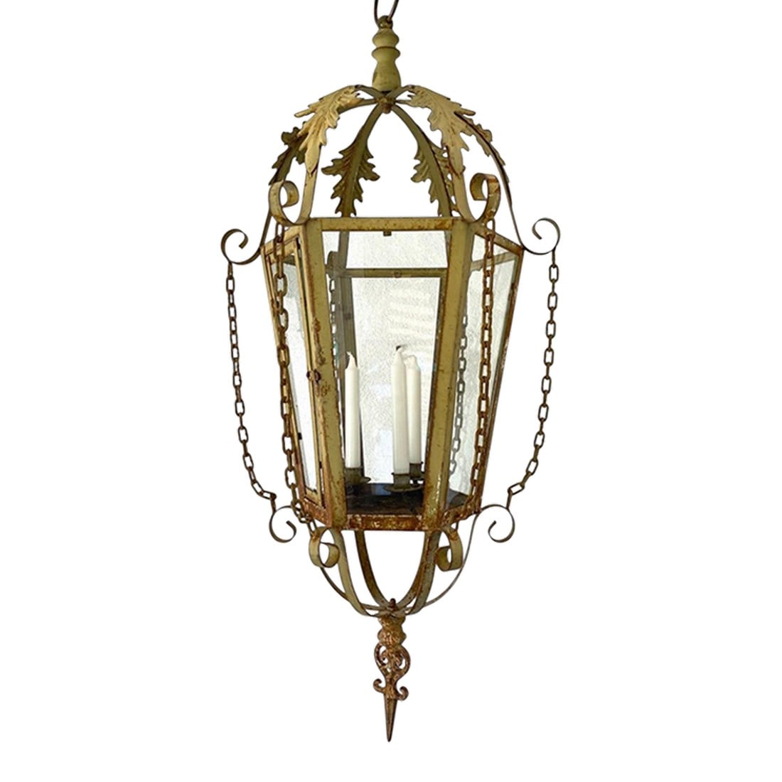 Vintage Large Metal & Glass Hanging Candle Lantern: Fabulous, large vintage, metal and glass hanging 3 candle lantern, with a great old painted patina. The lantern is in great condition for the age and use of the item. Use candles for lighting. Conditi