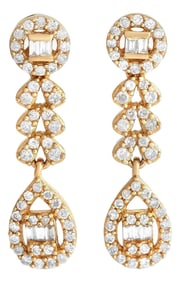 14k Yellow Gold Baguette and Round Diamond Dangle Delicate in Size Earrings-Set of 2