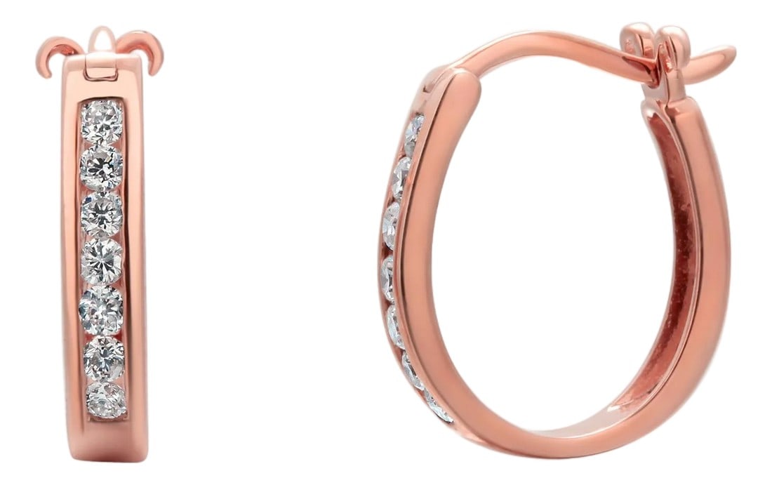 14k Rose Gold Diamond Oval Hoop Huggies' Earrings 0.25 Carats Length 0.60 Inch-Set of 2: Delicate sophistication meets everyday luxury in these 14K Rose Gold Diamond Oval Huggie Hoop Earrings, designed for the modern woman who values both elegance and versatility. Set in romantic 14K