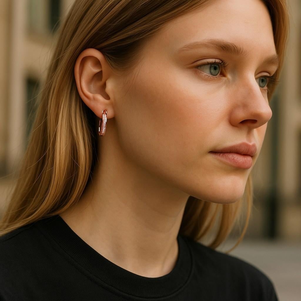 14k Rose Gold Diamond Oval Hoop Huggies' Earrings 0.25 Carats Length 0.60 Inch-Set of 2 - 2