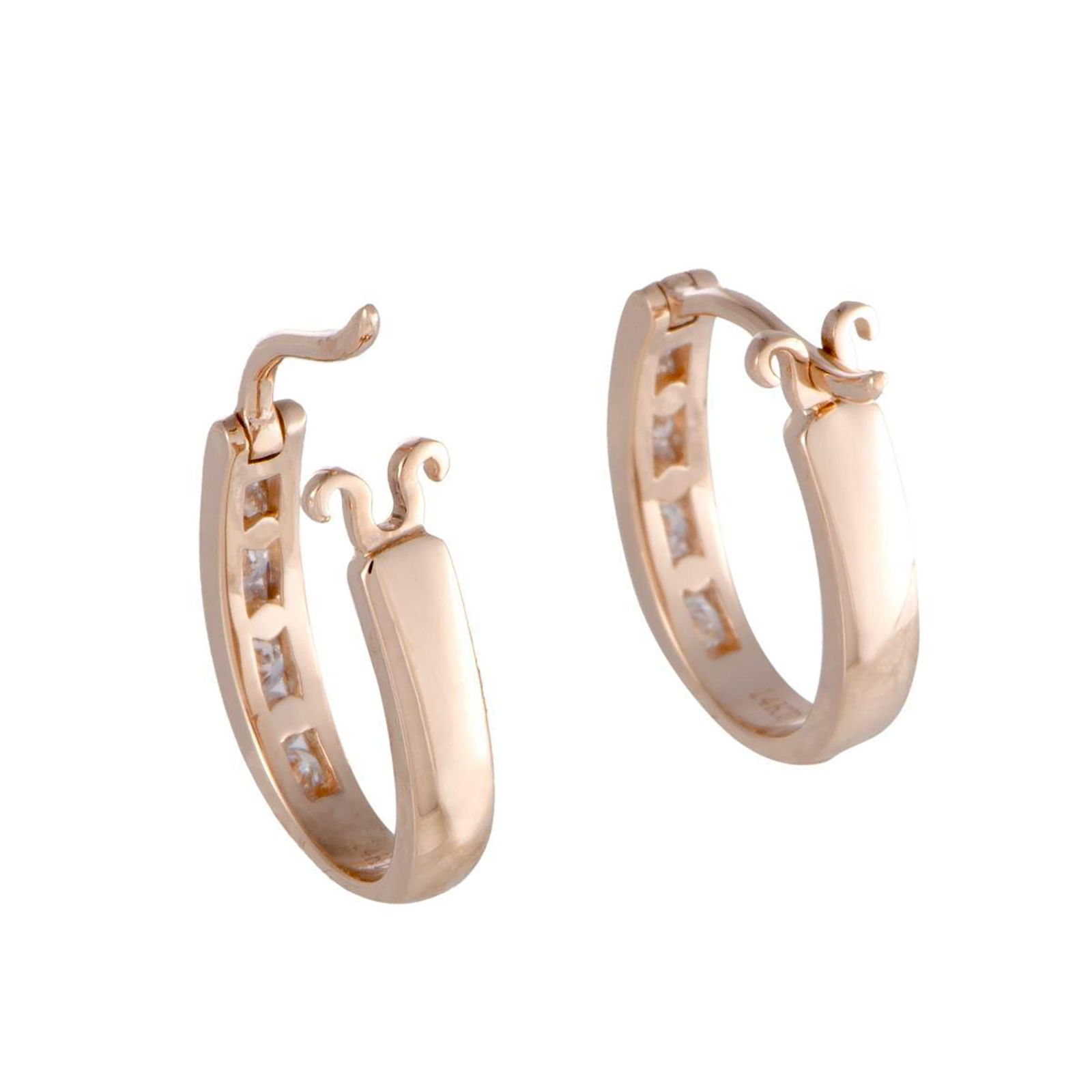14k Rose Gold Diamond Oval Hoop Huggies' Earrings 0.25 Carats Length 0.60 Inch-Set of 2 - 3