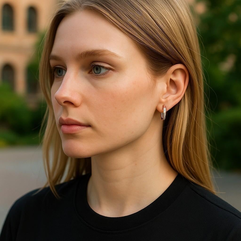 14k Rose Gold Diamond Oval Hoop Huggies' Earrings 0.25 Carats Length 0.60 Inch-Set of 2 - 4