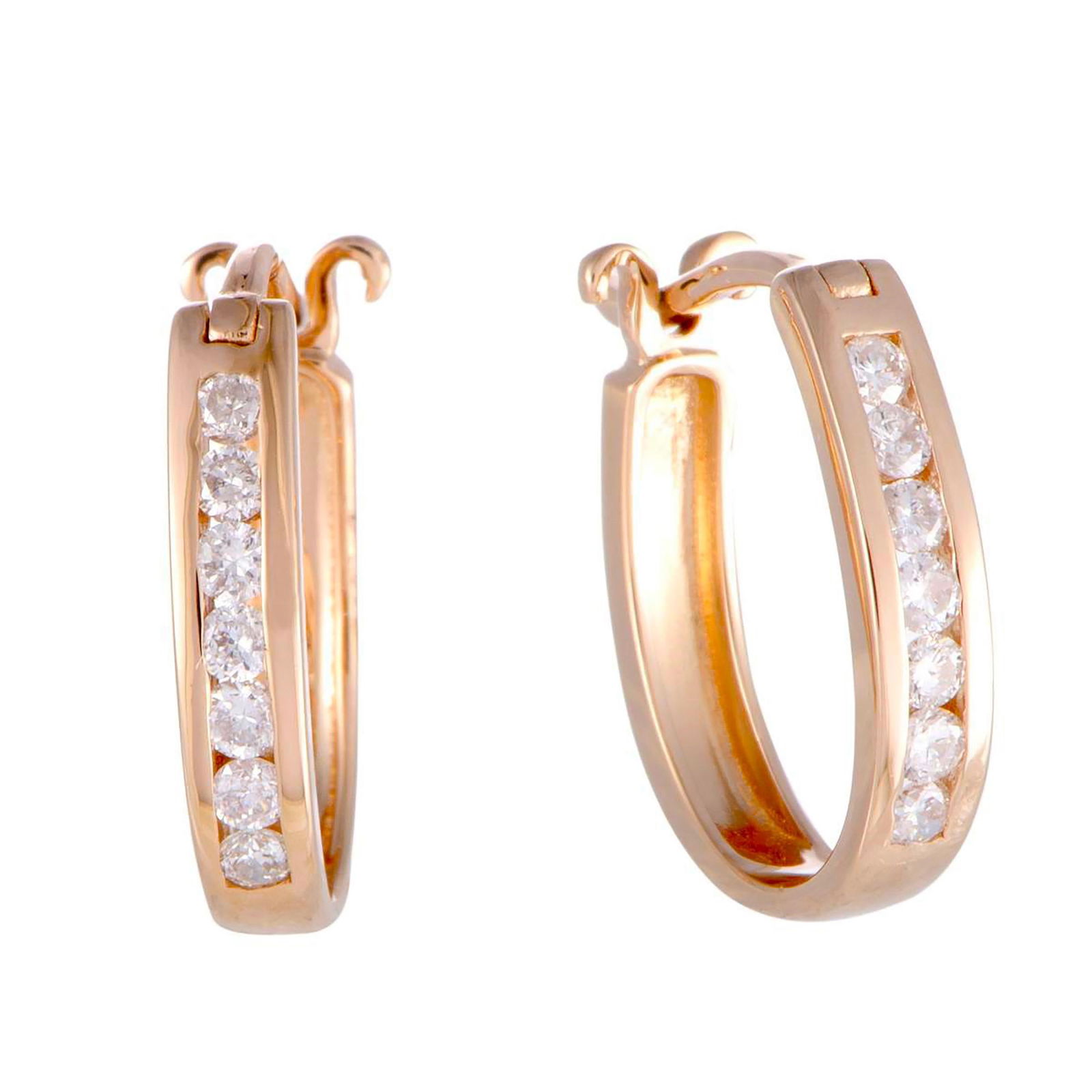 14k Rose Gold Diamond Oval Hoop Huggies' Earrings 0.25 Carats Length 0.60 Inch-Set of 2 - 5