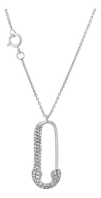 14k White Gold Diamond Safety Pin 0.20 Carats 0.78 Inch Necklace 18 Inch