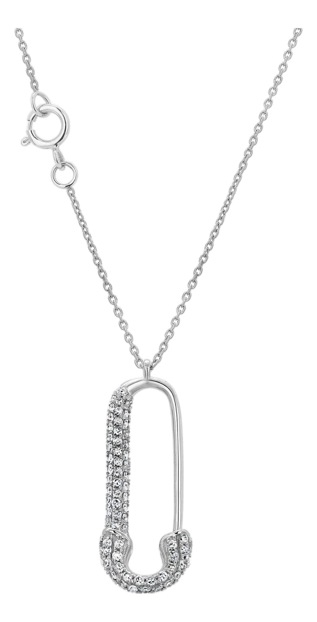 14k White Gold Diamond Safety Pin 0.20 Carats 0.78 Inch Necklace 18 Inch: Bold yet elegant, this 14K White Gold Diamond Safety Pin Necklace is the ultimate fusion of luxury and edge. Crafted in luminous 14K white gold and weighing a delicate 1.4 grams, this necklace
