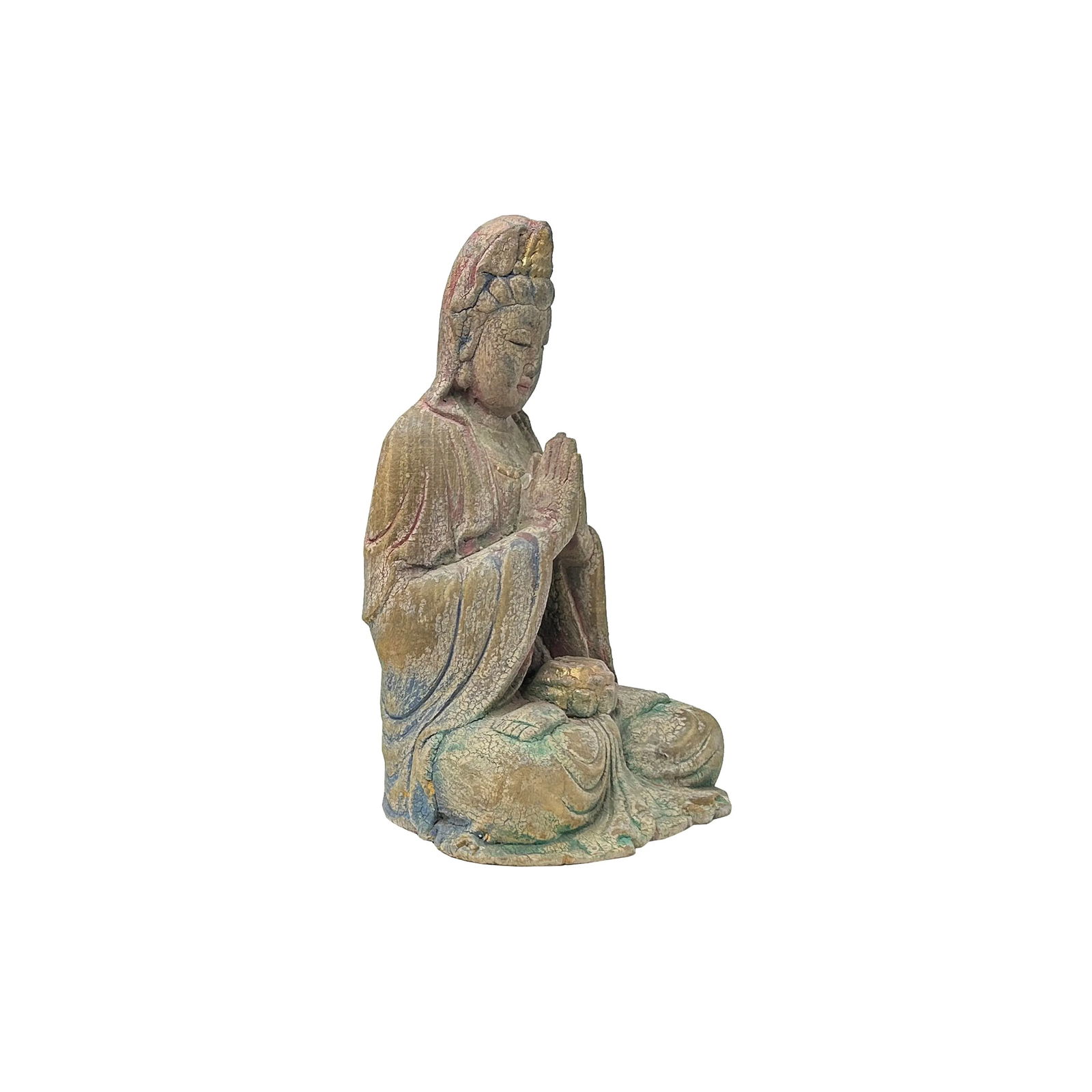 Fade Color Rustic Wood Sitting Bodhisattva Buddha Statue - 4