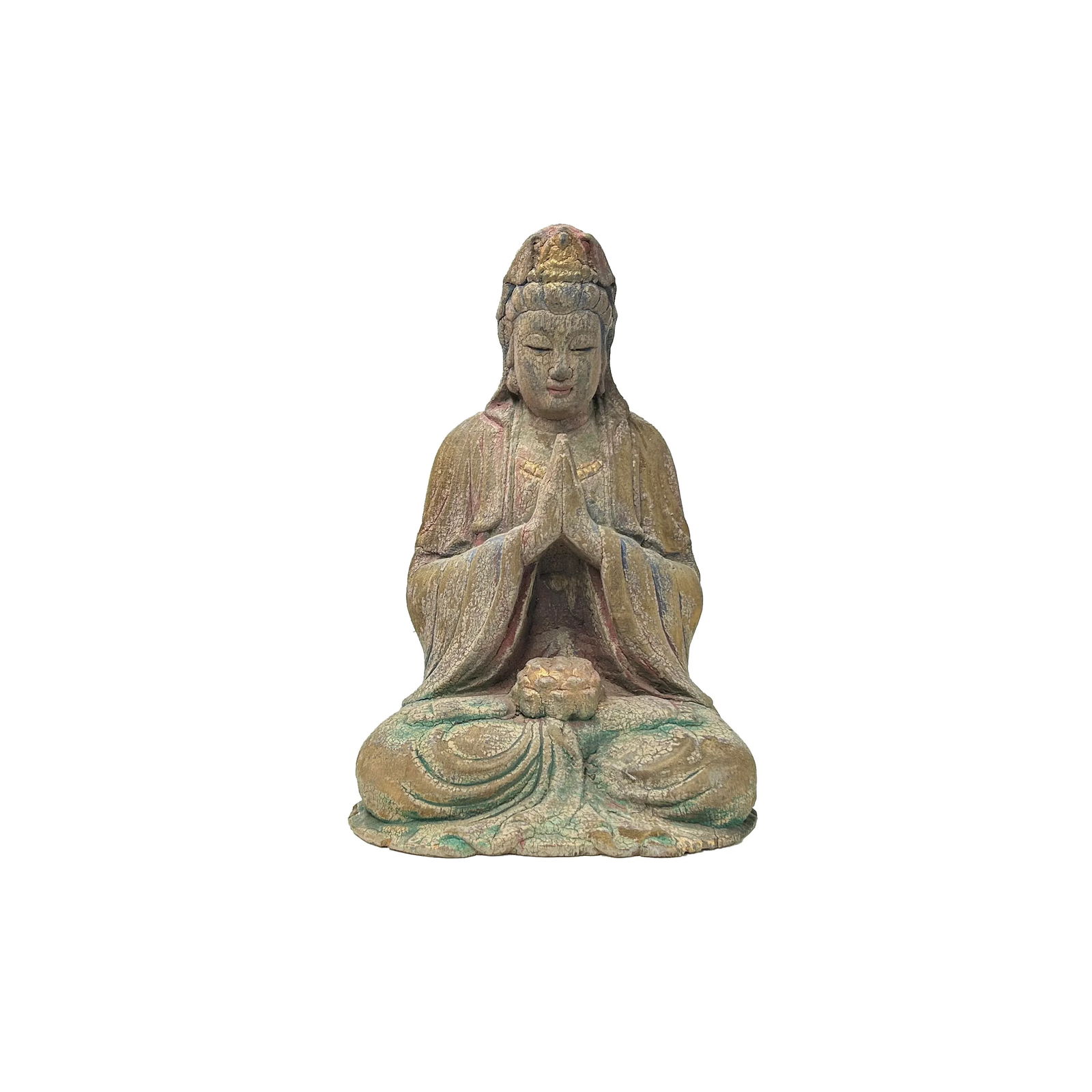 Fade Color Rustic Wood Sitting Bodhisattva Buddha Statue - 5
