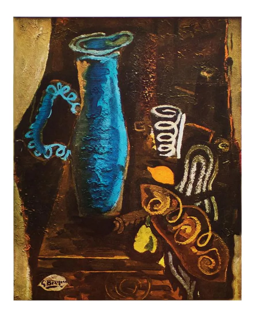 1940s After Georges Braque "The Blue Vase", First Edition Period Swiss Offset Lithograph: A rare stunning First Edition period offset lithograph, full-color print, of Cubist oil painting "The Blue Vase" (1946) by Georges Braque. Comes from a rare first limited edition art folio published