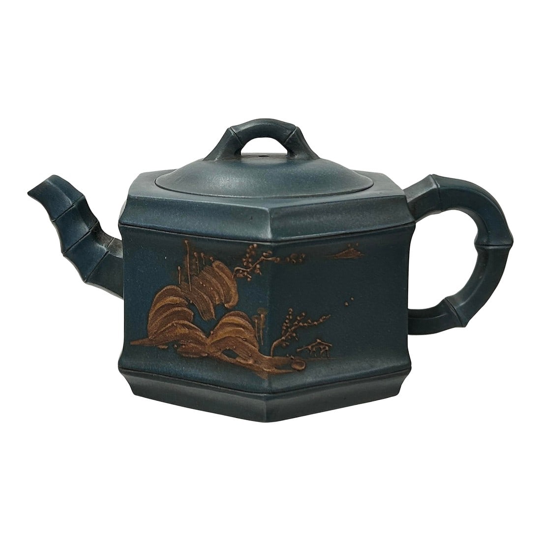 Vintage Chinese Gray Blue Hexagonal Bamboo Theme Zisha Clay Teapot Art Display: Elevate your tea ritual with this exquisite hexagonal Zisha teapot, a testament to traditional artistry and enduring beauty. Crafted from the highly prized Zisha clay, renowned for its unique ability