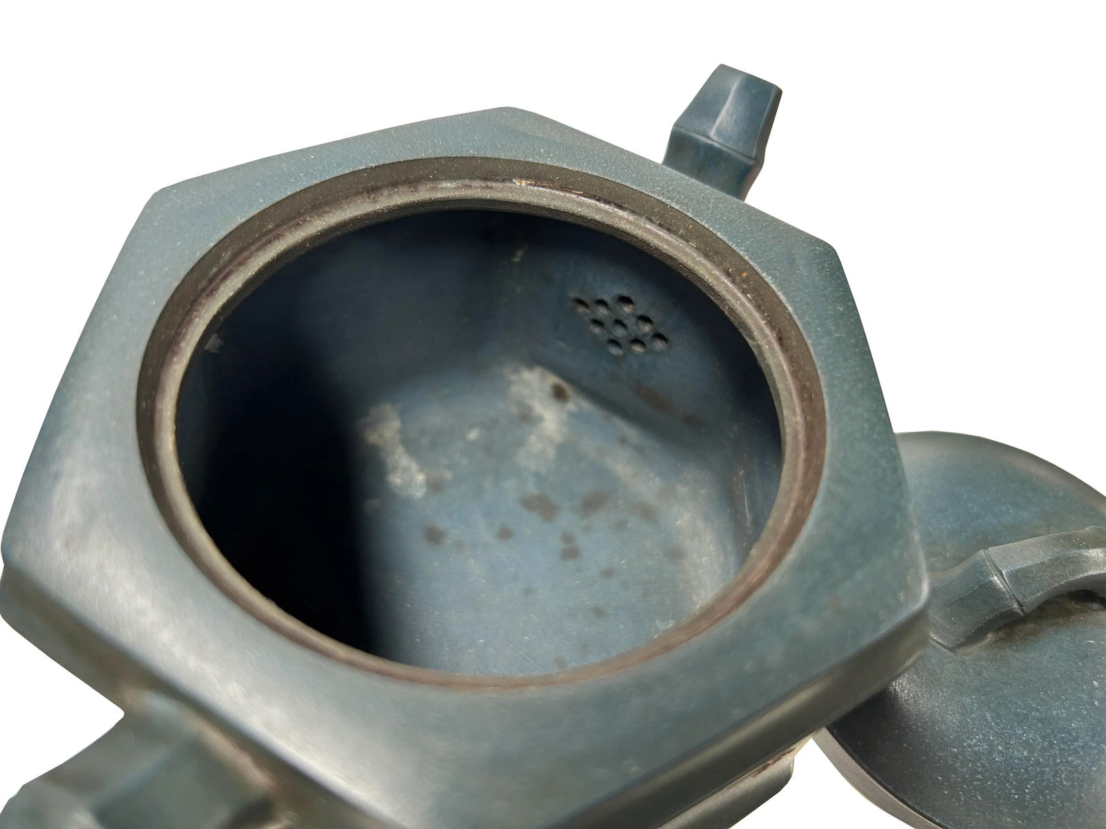 Vintage Chinese Gray Blue Hexagonal Bamboo Theme Zisha Clay Teapot Art Display - 2