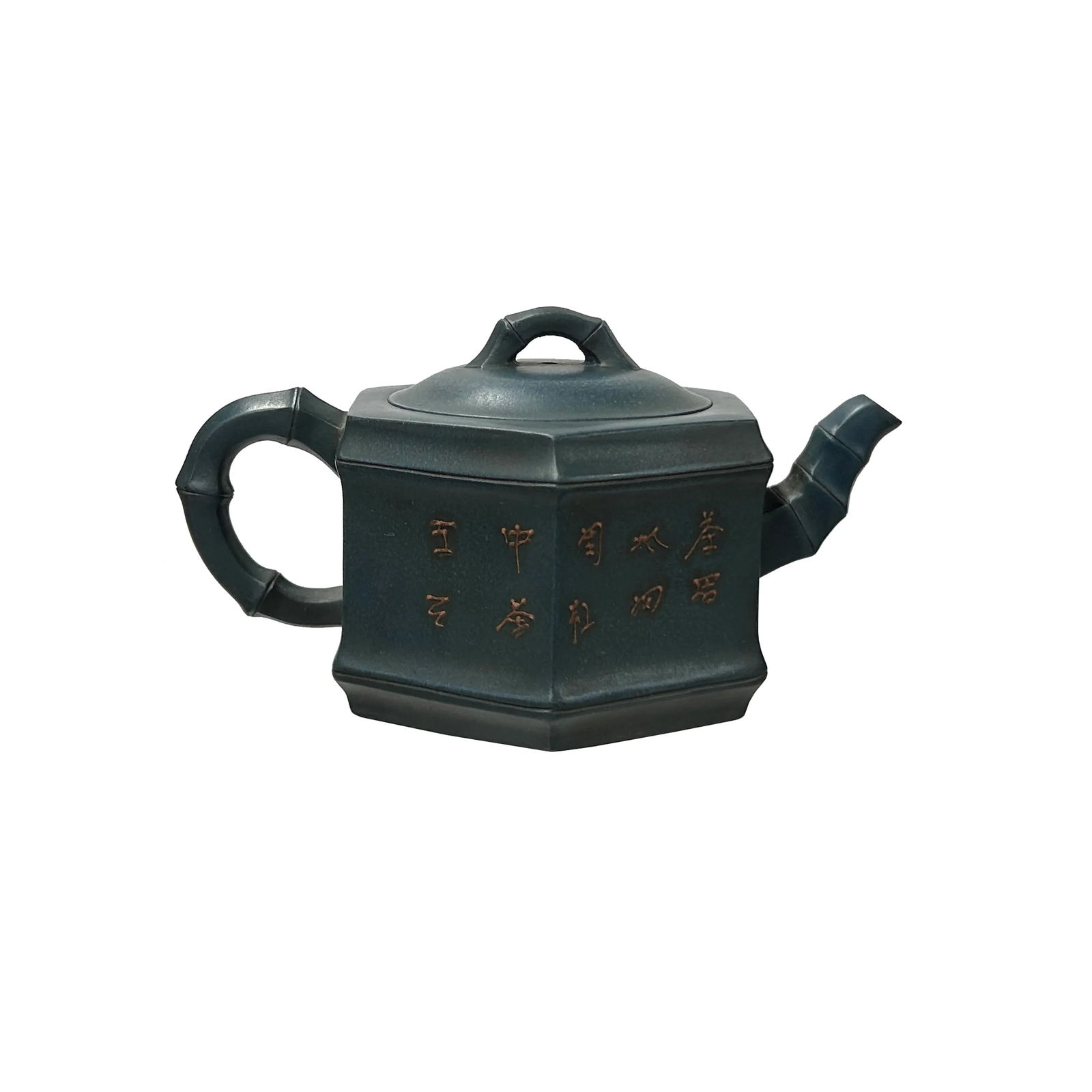 Vintage Chinese Gray Blue Hexagonal Bamboo Theme Zisha Clay Teapot Art Display - 4