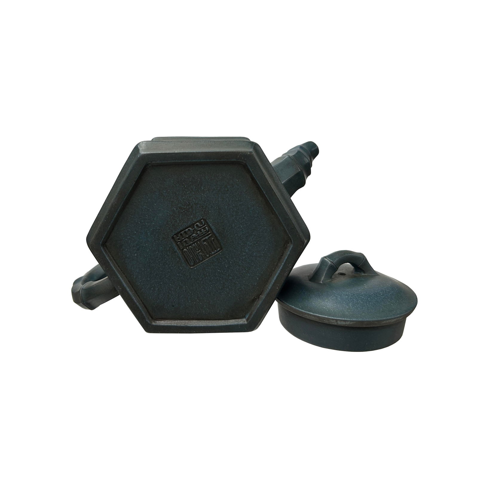 Vintage Chinese Gray Blue Hexagonal Bamboo Theme Zisha Clay Teapot Art Display - 7