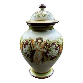 Calabrian Italian Ceramic Lidded Urn With Cherub
