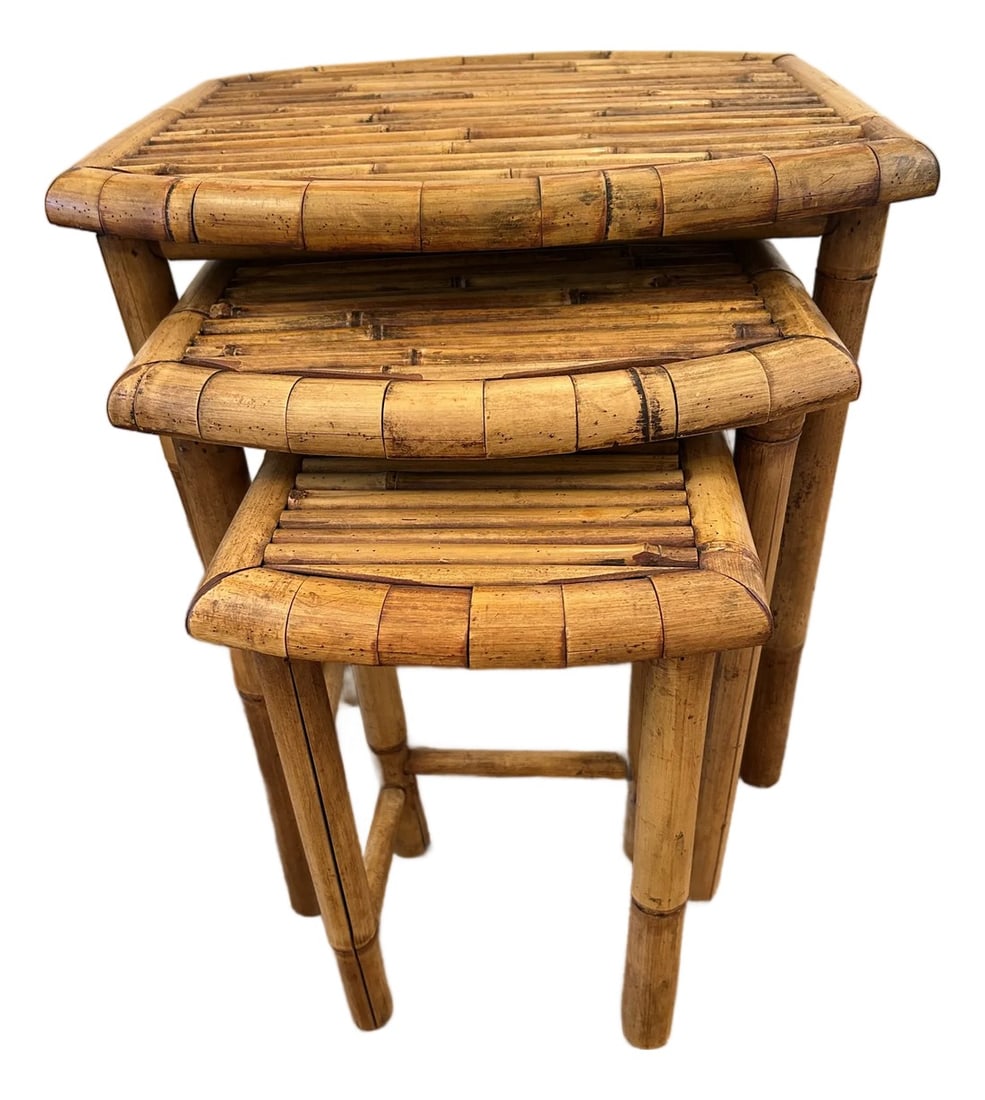 Vintage Bamboo Nesting Tables -Set of 3: Great looking smart bamboo set of nesting tables in 3 graduating sizes. Middle size is 18.5 h 15.5 w 14.5 d Smallest 16.5 h 11 w 10 d Caroline Condition: Alterations: Original Condition Unaltered Impe