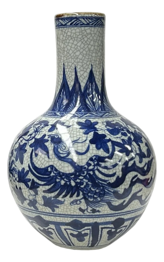 Oriental Blue White Crackle Base Phoenix Porcelain Art Vase: More than just a decorative object, this porcelain art vase carries rich symbolism. The phoenix, a revered creature in Chinese culture, represents prosperity, good fortune, and rebirth, while the