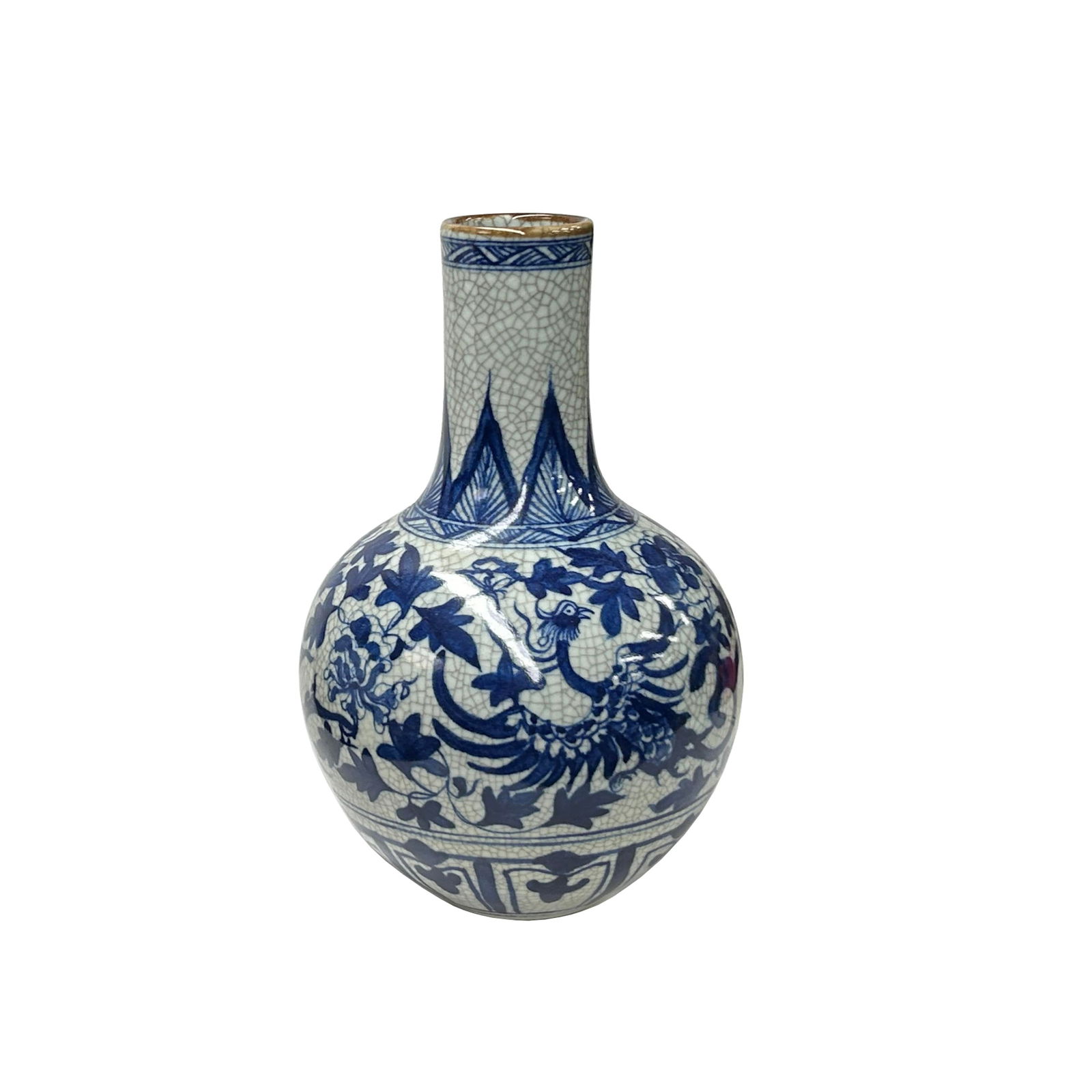 Oriental Blue White Crackle Base Phoenix Porcelain Art Vase - 4