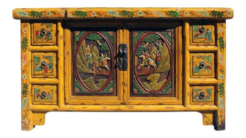 Chinese Distressed Yellow Carving Motif Tv Console Table Cabinet