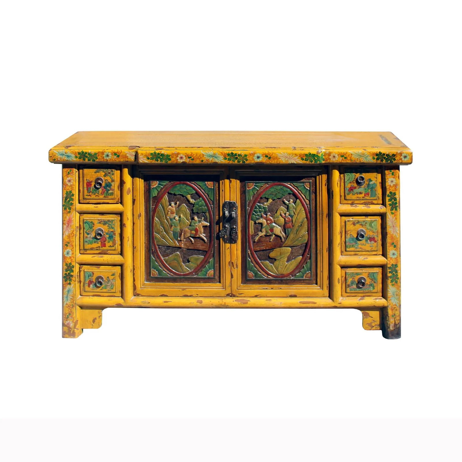 Chinese Distressed Yellow Carving Motif Tv Console Table Cabinet - 2