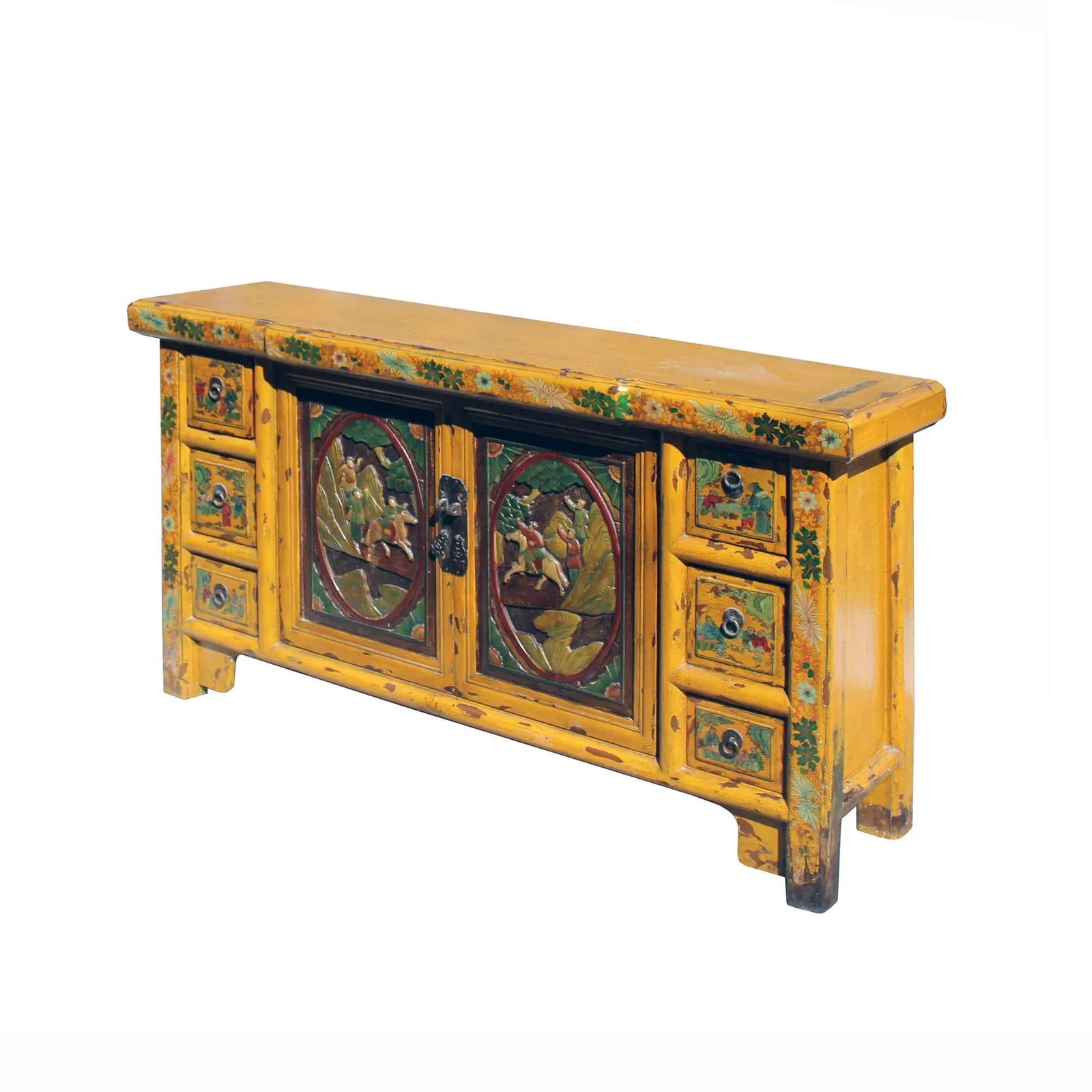 Chinese Distressed Yellow Carving Motif Tv Console Table Cabinet - 3