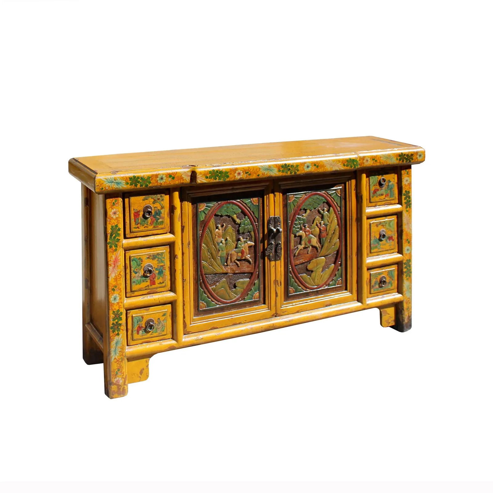 Chinese Distressed Yellow Carving Motif Tv Console Table Cabinet - 4