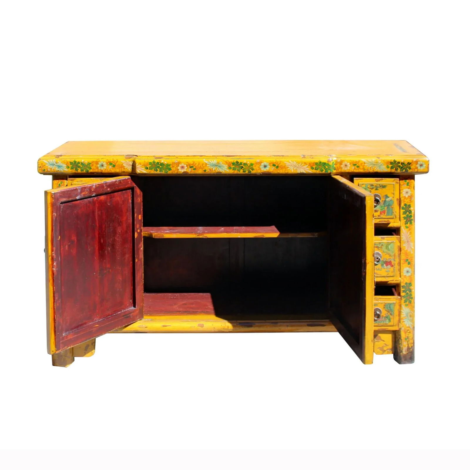Chinese Distressed Yellow Carving Motif Tv Console Table Cabinet - 5