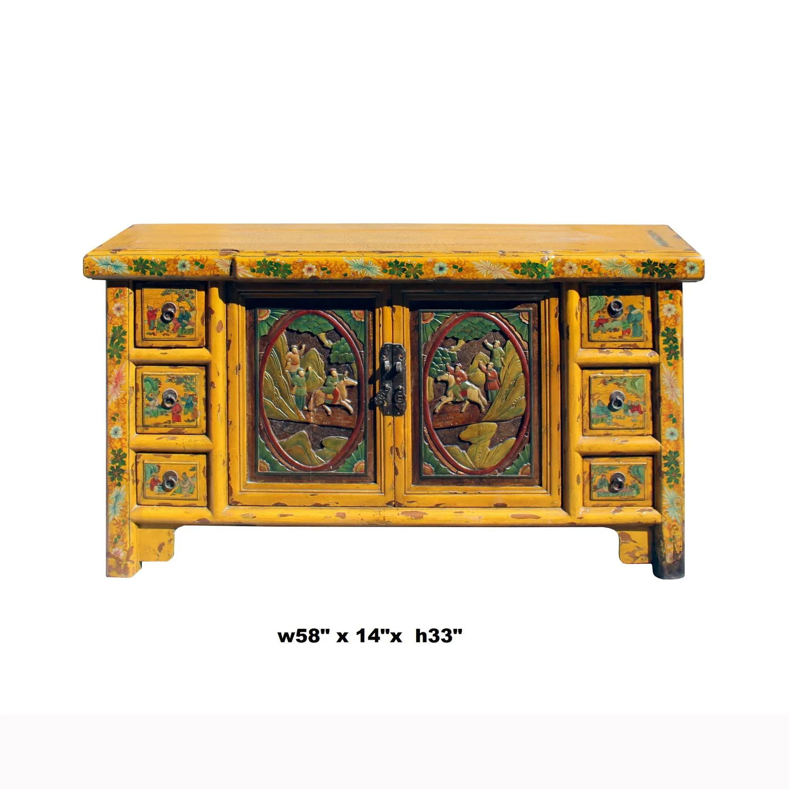 Chinese Distressed Yellow Carving Motif Tv Console Table Cabinet - 6