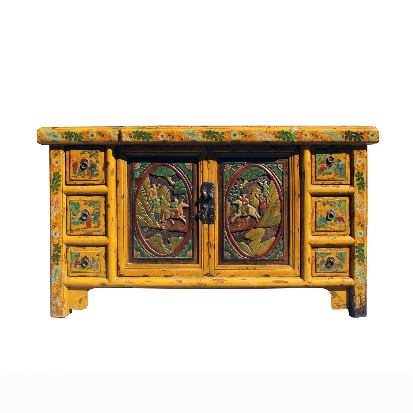 Chinese Distressed Yellow Carving Motif Tv Console Table Cabinet - 7