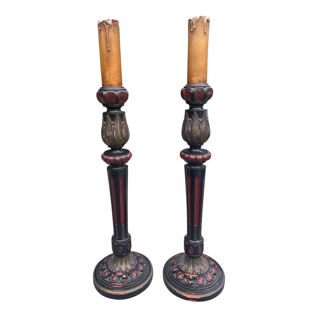 Pair of Antique Wooden Electrified Candlestick Lamps (1 of 11)