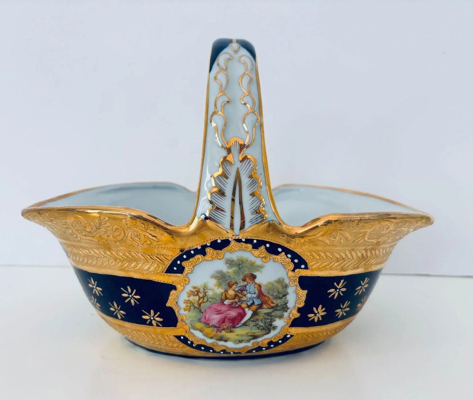 Cobalt Blue Porcelain Basket Vase With 22k Gold Encrustation and Romantic Scene - 12