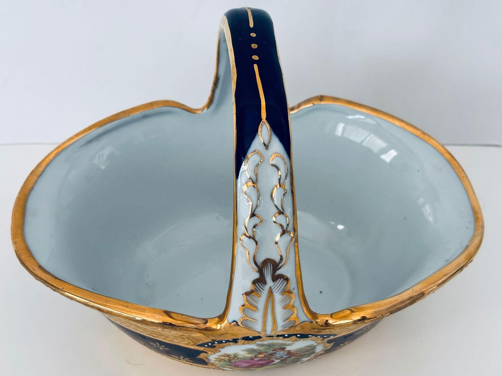 Cobalt Blue Porcelain Basket Vase With 22k Gold Encrustation and Romantic Scene - 13