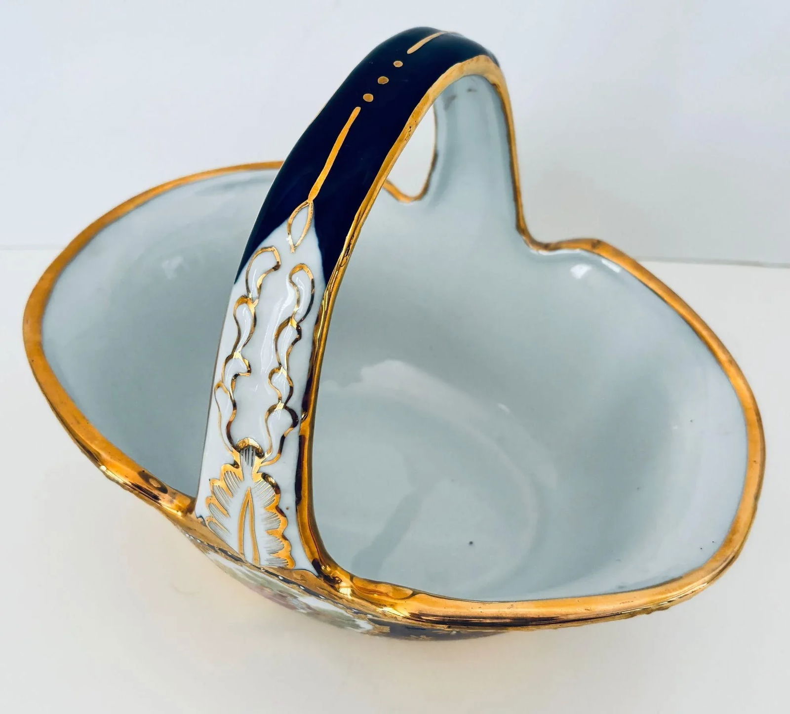 Cobalt Blue Porcelain Basket Vase With 22k Gold Encrustation and Romantic Scene - 16