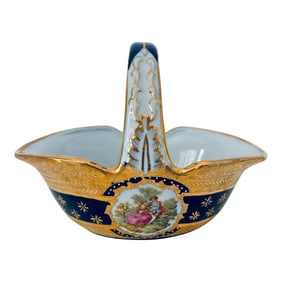 Cobalt Blue Porcelain Basket Vase With 22k Gold Encrustation and Romantic Scene