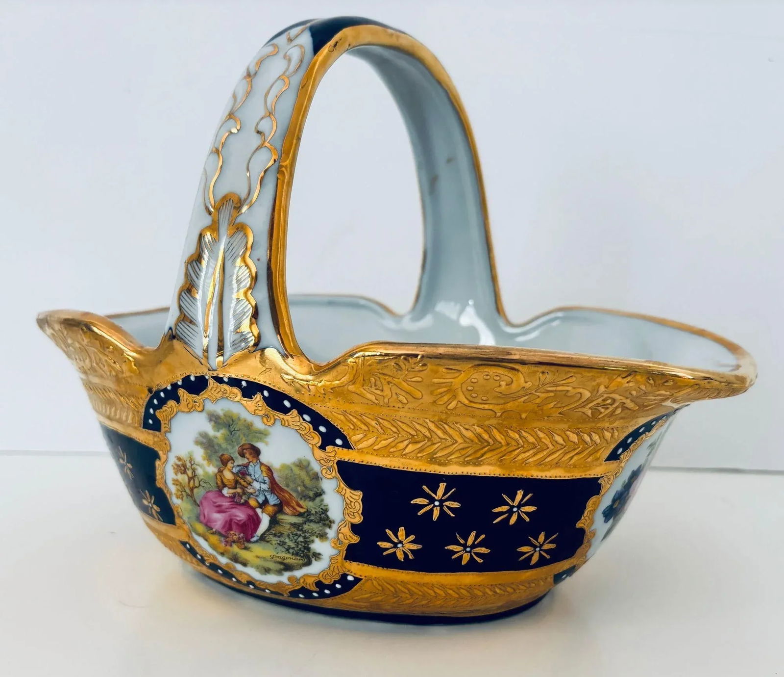 Cobalt Blue Porcelain Basket Vase With 22k Gold Encrustation and Romantic Scene - 3