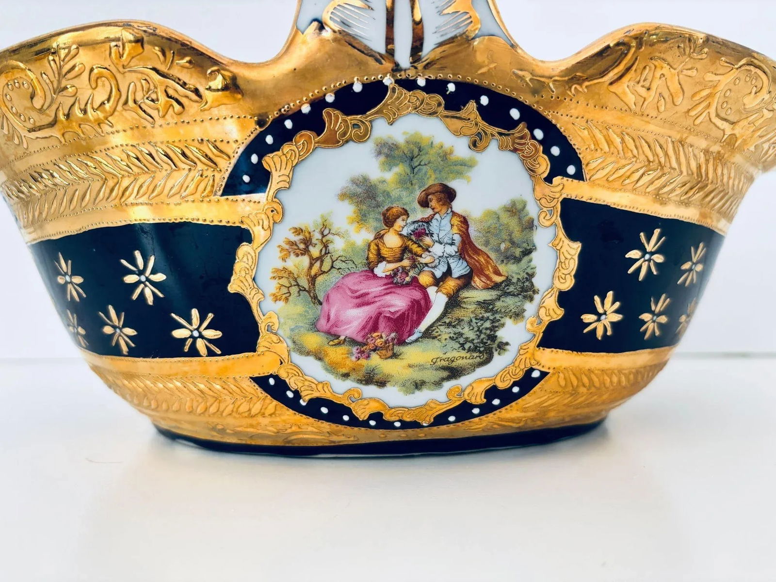 Cobalt Blue Porcelain Basket Vase With 22k Gold Encrustation and Romantic Scene - 6
