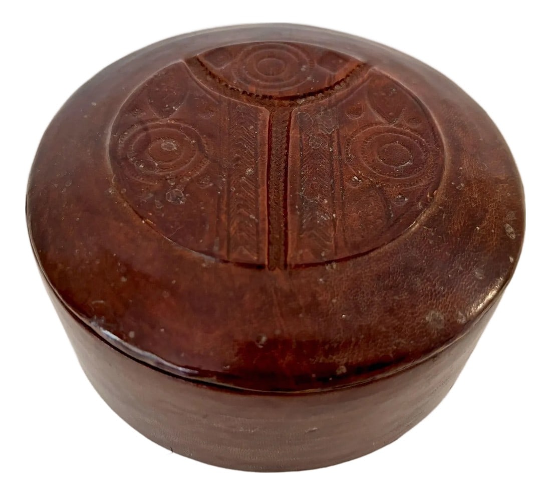 Vintage Round Ethnic Hand-Tooled Tuareg Leather Box African Folk Art Mauritania (1 of 8)
