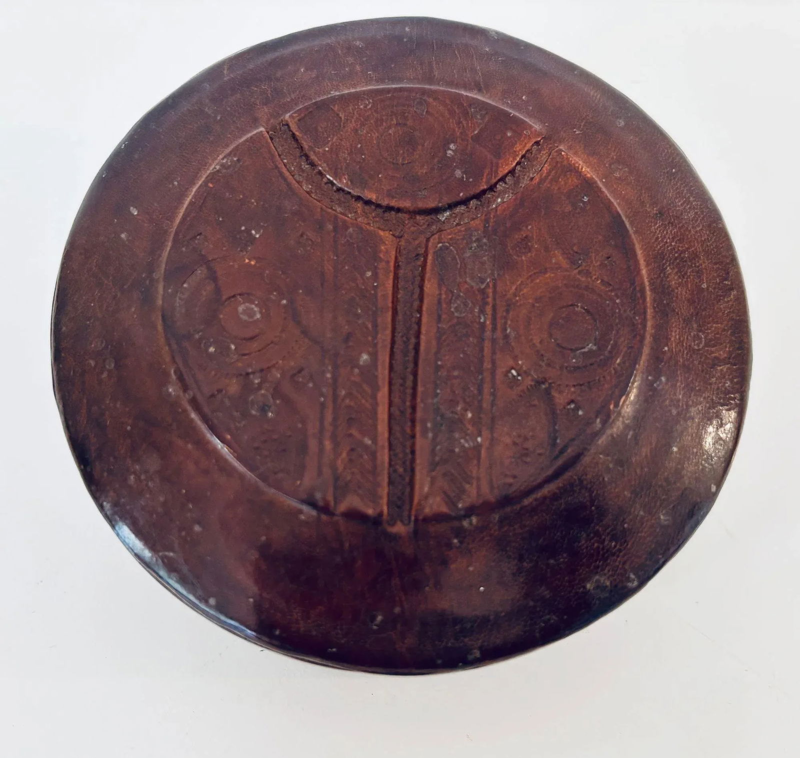 Vintage Round Ethnic Hand-Tooled Tuareg Leather Box African Folk Art Mauritania - 2