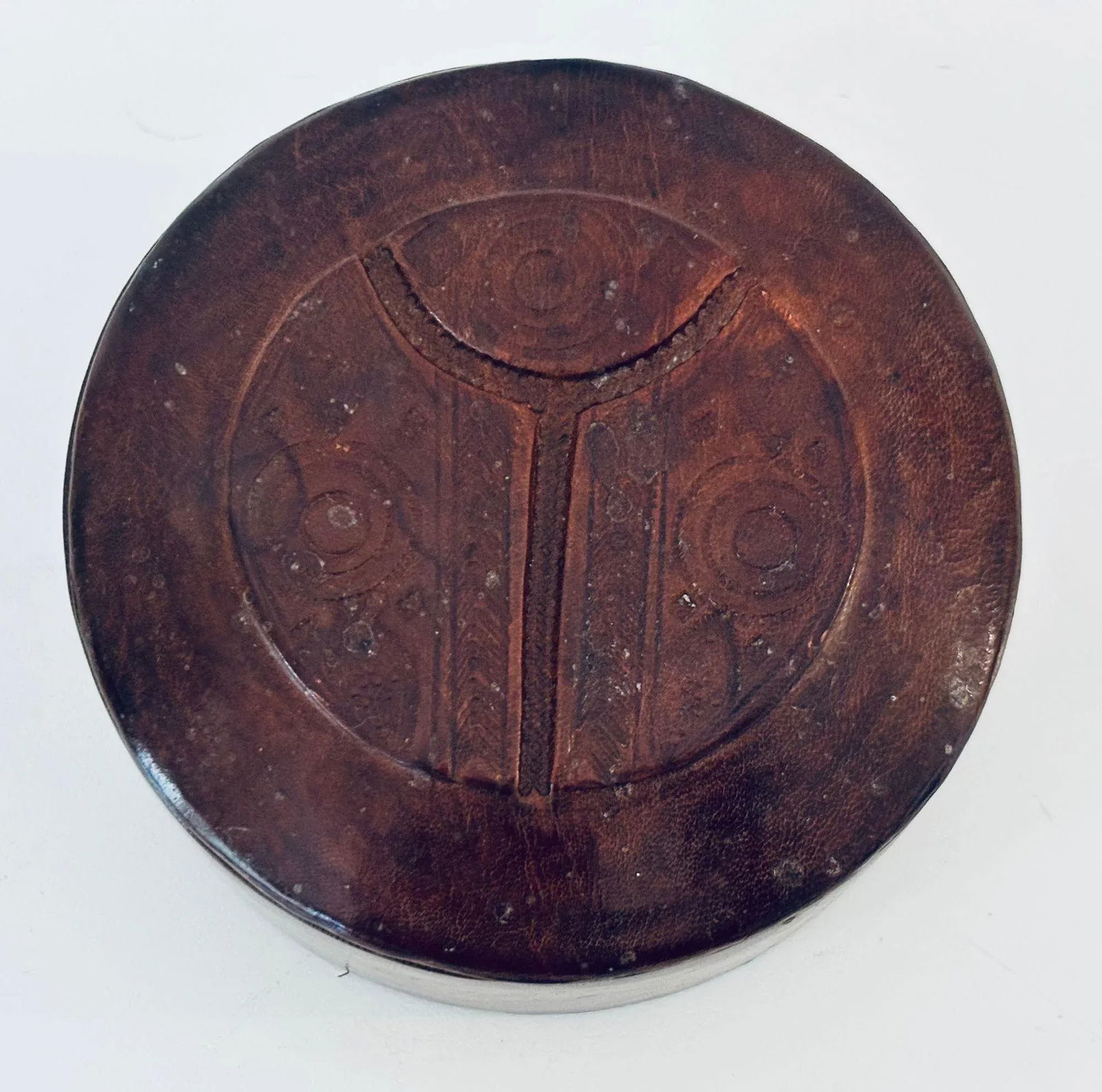 Vintage Round Ethnic Hand-Tooled Tuareg Leather Box African Folk Art Mauritania - 5