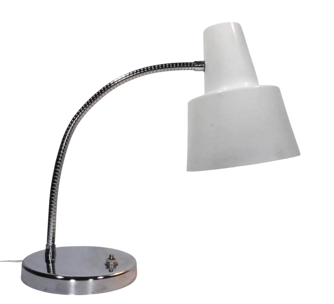 Mod Chrome and White Gooseneck Desk Lamp C. 1970's After Josef Hurka for Napako - 3