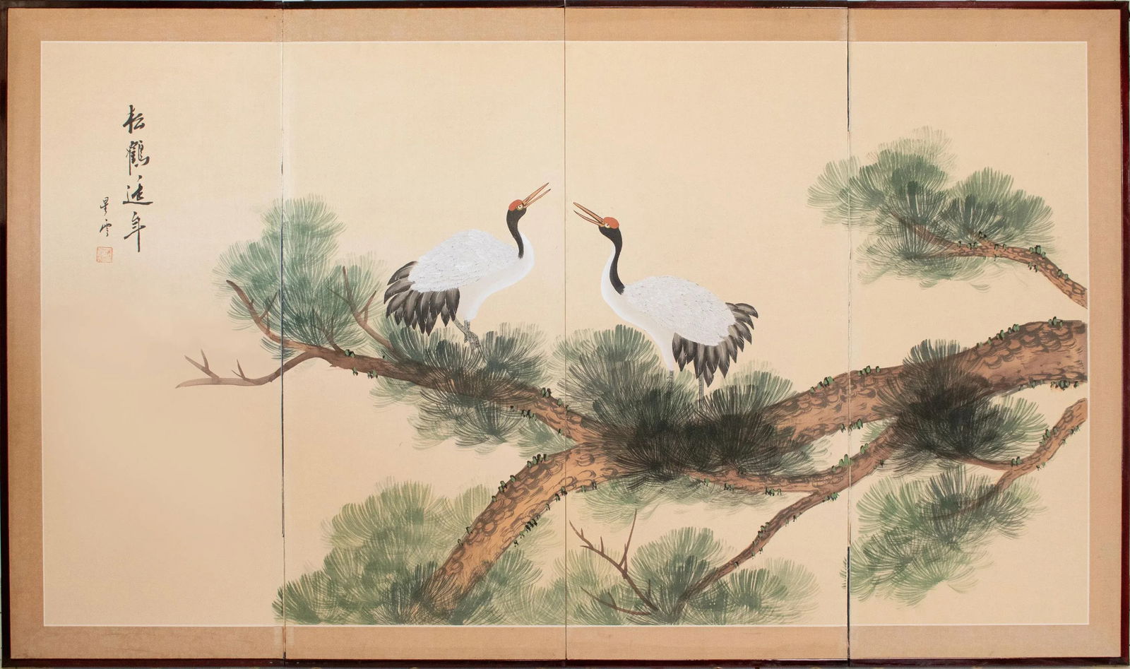 C. 1970s Chinese Painted Folding Screen "Big Old Pine Tree and Two Cranes" - 12