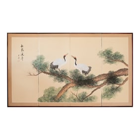 C. 1970s Chinese Painted Folding Screen "Big Old Pine Tree and Two Cranes"