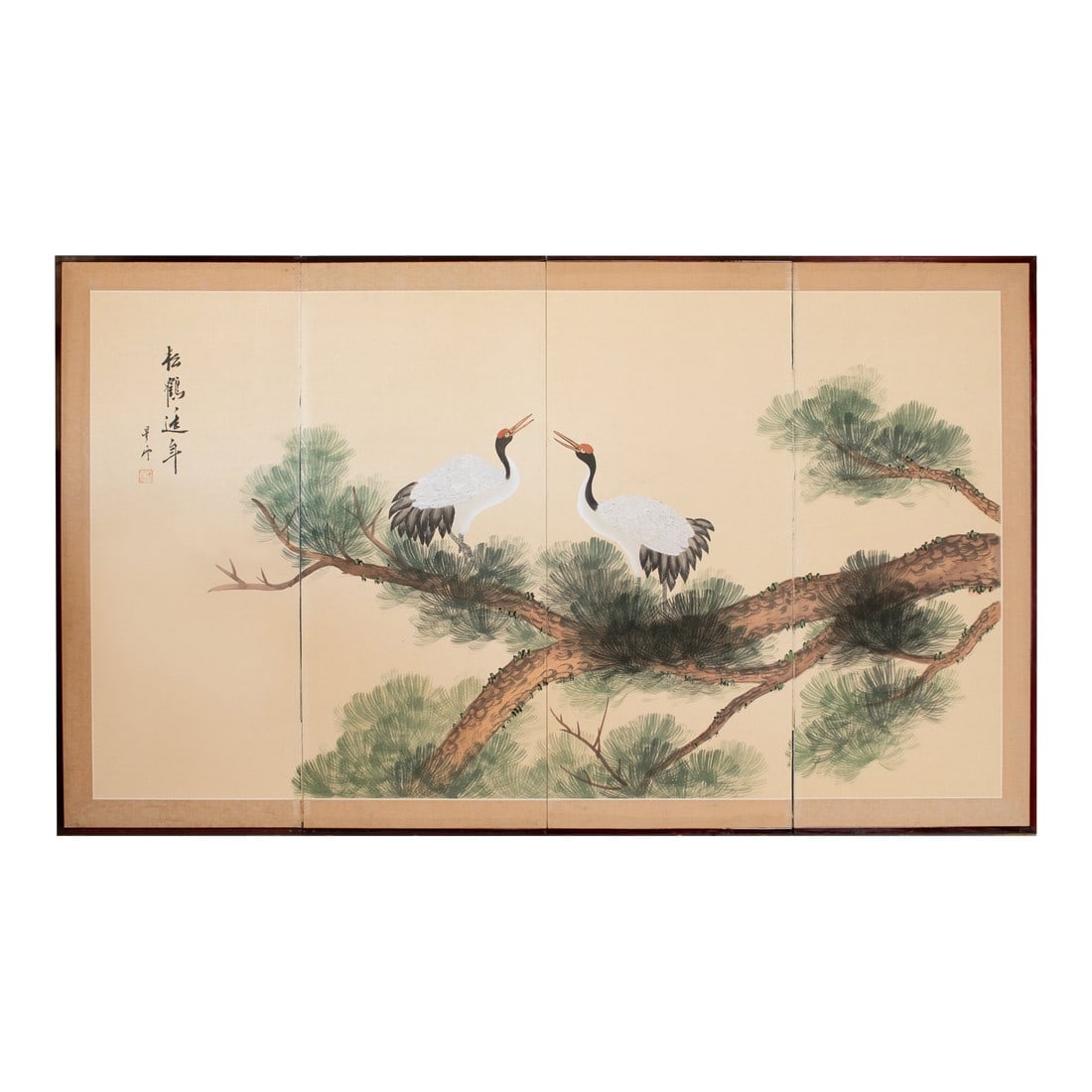 C. 1970s Chinese Painted Folding Screen "Big Old Pine Tree and Two Cranes" (1 of 14)