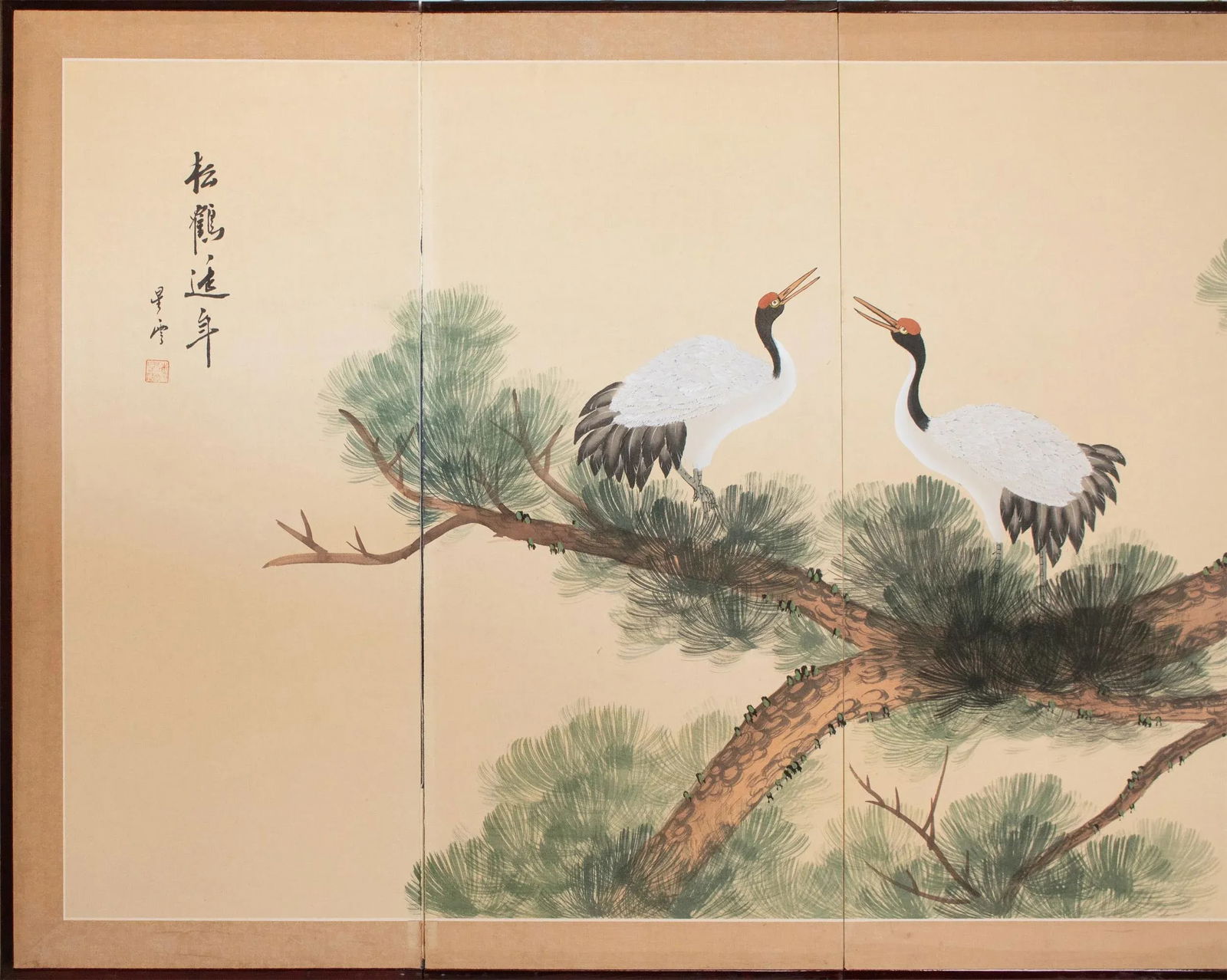 C. 1970s Chinese Painted Folding Screen "Big Old Pine Tree and Two Cranes" - 2