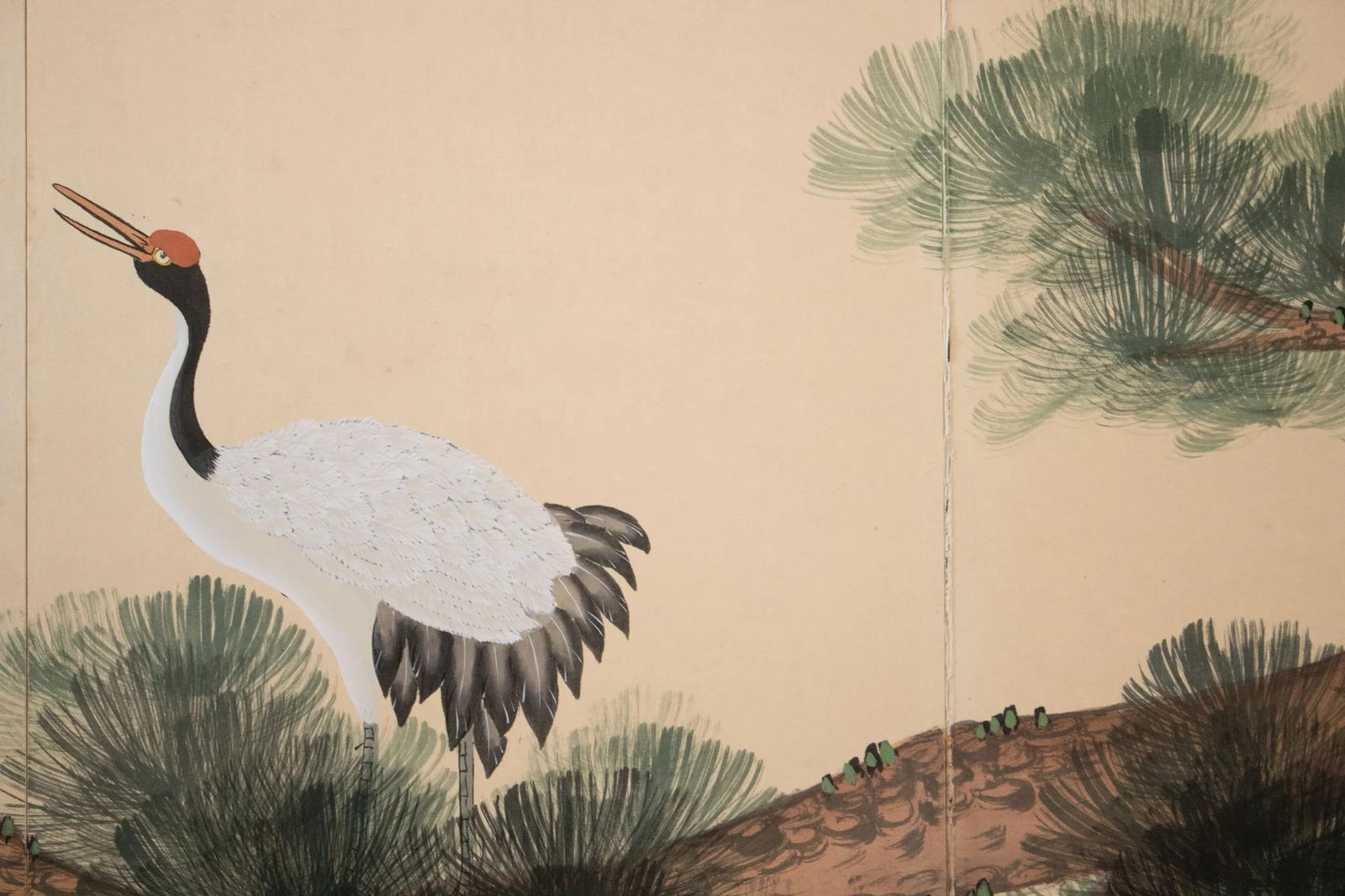 C. 1970s Chinese Painted Folding Screen "Big Old Pine Tree and Two Cranes" - 7