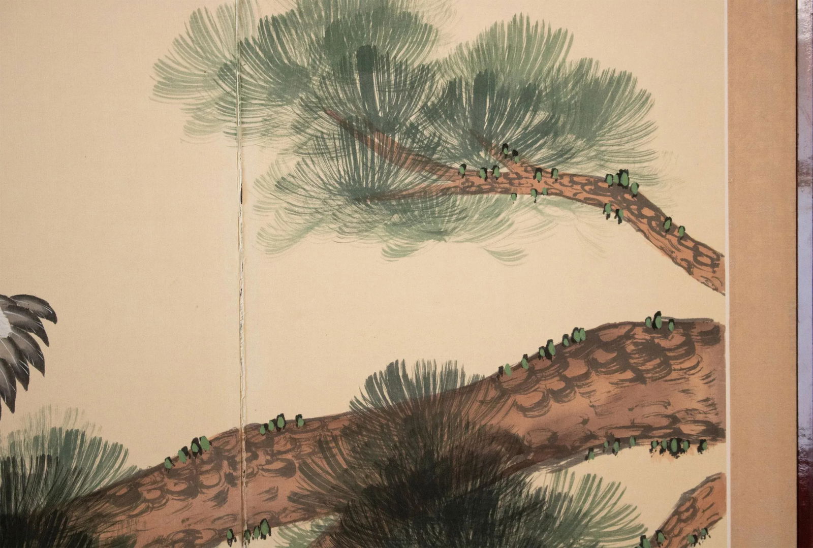 C. 1970s Chinese Painted Folding Screen "Big Old Pine Tree and Two Cranes" - 9