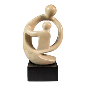 Mid-Century Abstract Modern "Parent & Child" Marble Stone Sculpture W/ Wooden Base, Kenya, C. 1980's
