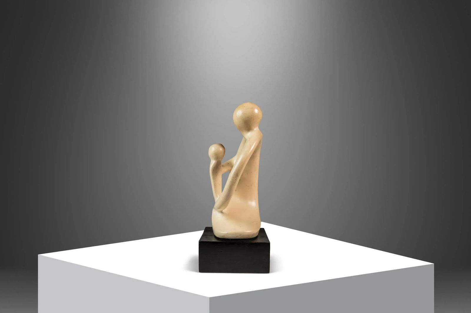 Mid-Century Abstract Modern "Parent & Child" Marble Stone Sculpture W/ Wooden Base, Kenya, C. 1980's - 2