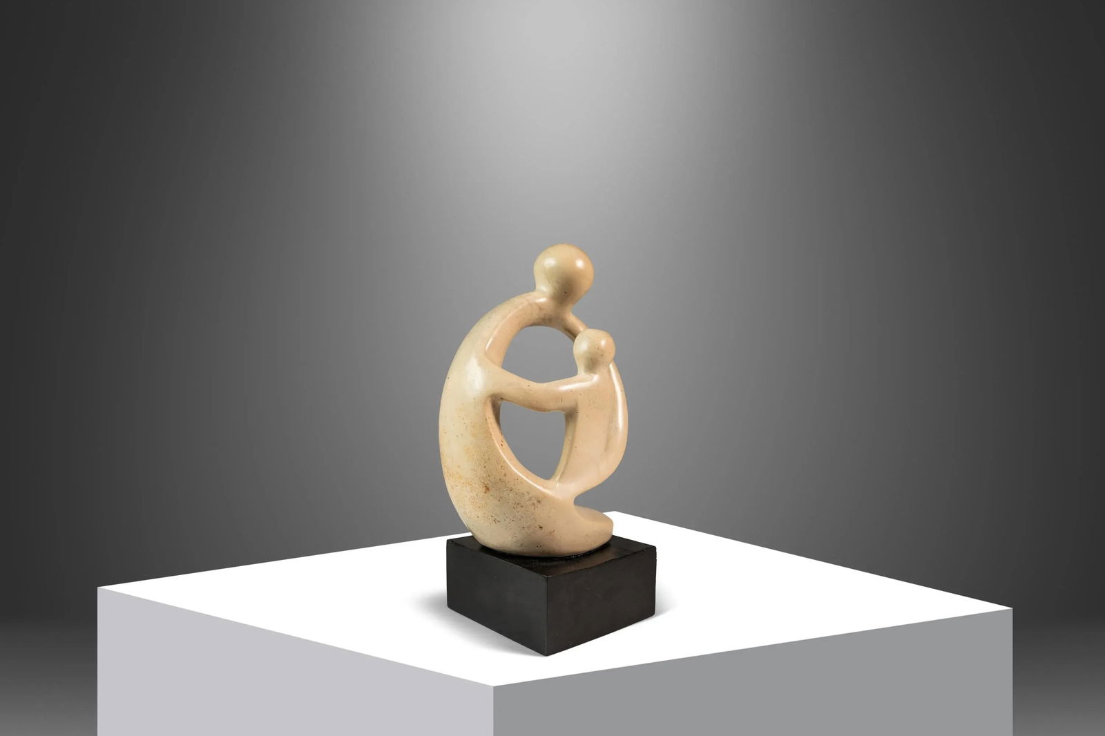 Mid-Century Abstract Modern "Parent & Child" Marble Stone Sculpture W/ Wooden Base, Kenya, C. 1980's - 6